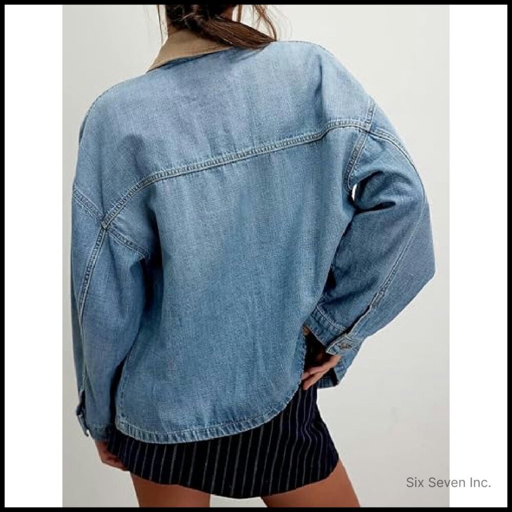 Oversized Denim Jacket Classic Y2K Chic Button Down Contrast Trim Outerwear - Picture 5 of 5